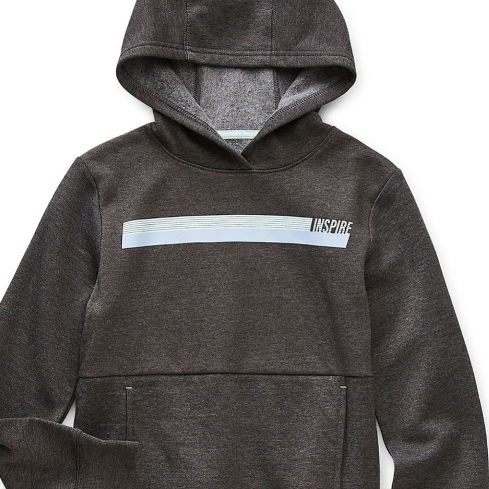 NWOT dark grey w/blue stripe on chest Inspire written pullover front pocket